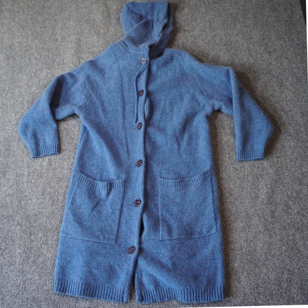 Blue Hooded Long Button Cardigan Sweater